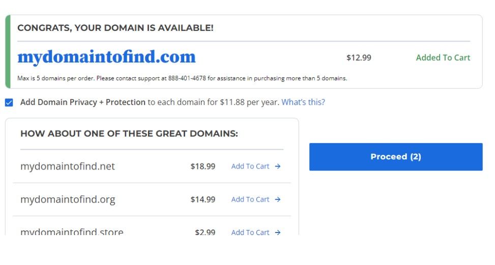 Buying a Domain Name on Bluehost Screenshot