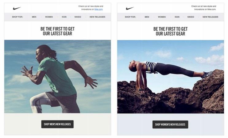 Screenshot of Real Example of Dynamic Content Used in a Nike Email. Here Two Subscribers Get the Same CTA, but a Different Image and Product Link Depending on Whether They Are Male or Female.