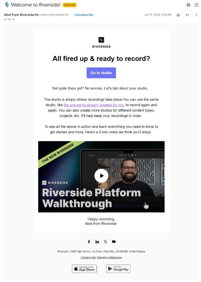 RIverside Welcome Email example