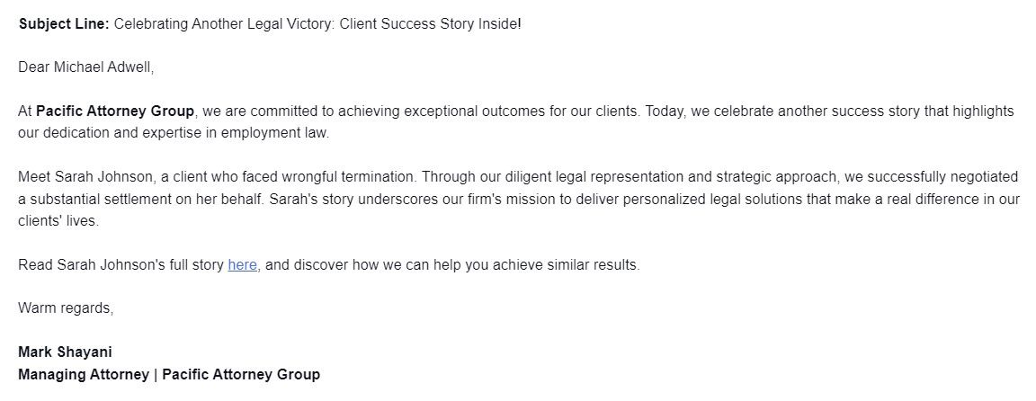 Example of Lawyer Email Marketing Showing Client Success Story